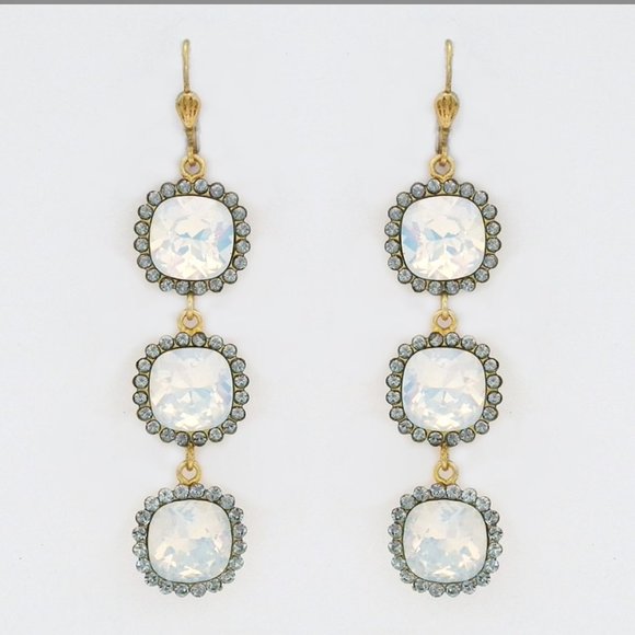 Catherine Popesco Triple Drop Crystal Earrings, White Opal, Gold NWT - Picture 2 of 2